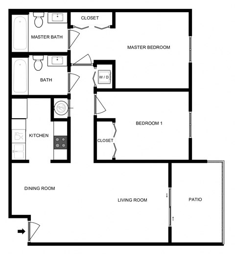 Floor plan for 2 beds, 2 baths, 817 sqft